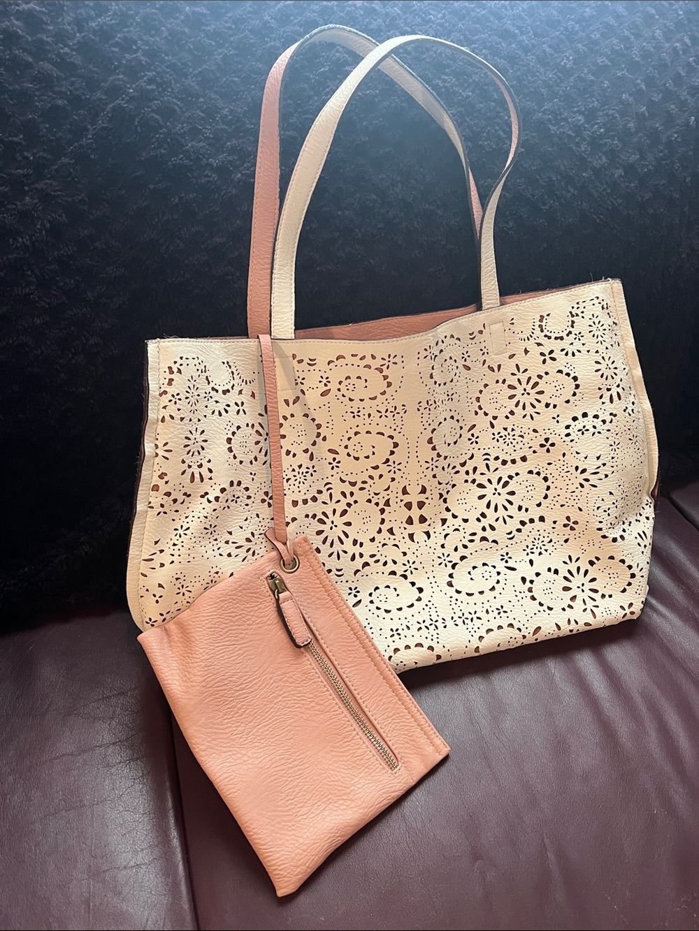Coach Cream Laser-Cut Tote with Pink Interior and Pouch